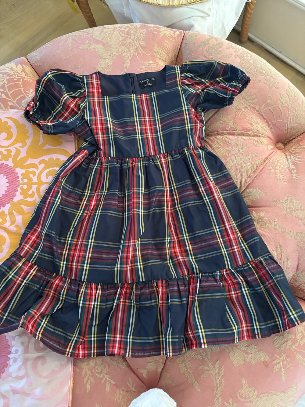 Crewcuts Navy, Red & Yellow Plaid Puff-Sleeve Dress